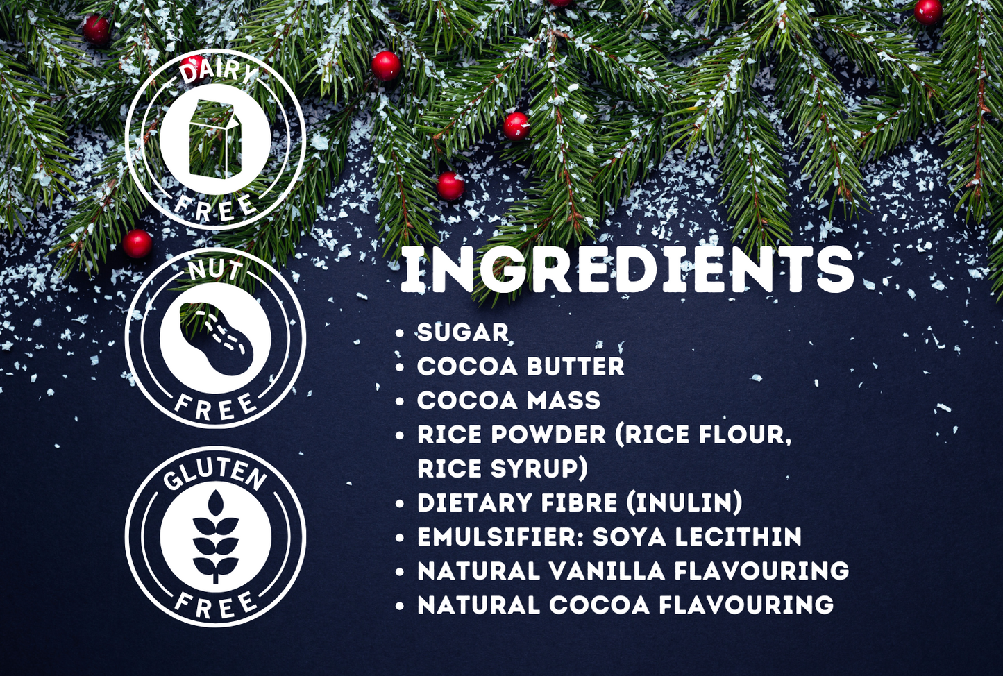 A christmas theme back drop with the following unique feature listed: Dairy free, Nut free, Gluten free.