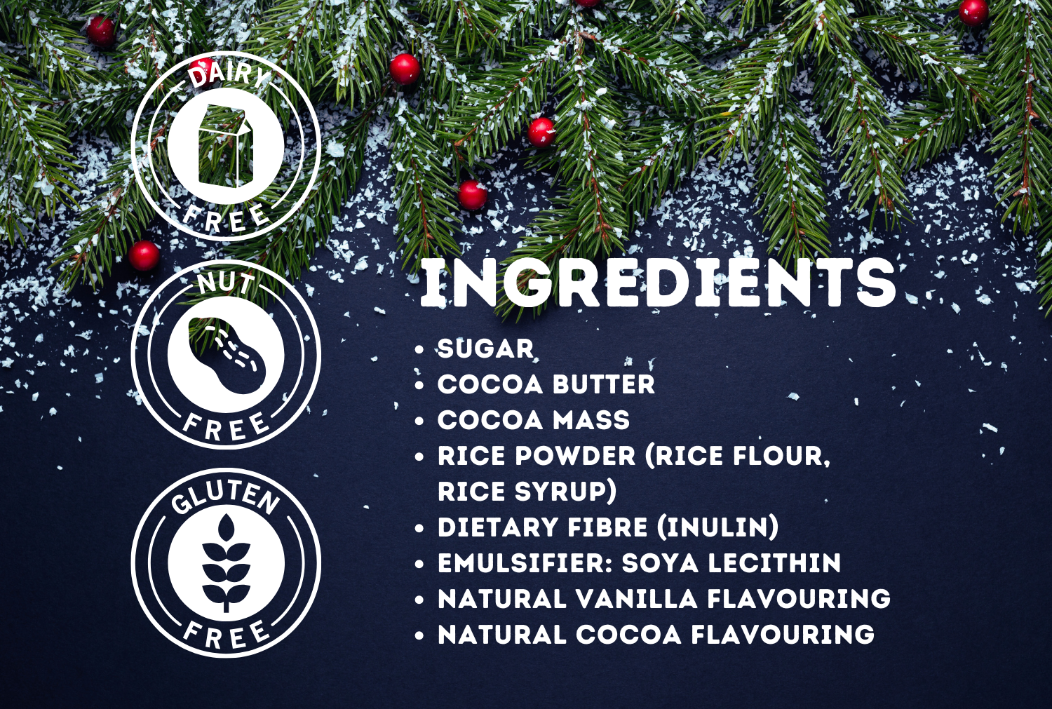 A christmas theme back drop with the following unique feature listed: Dairy free, Nut free, Gluten free.