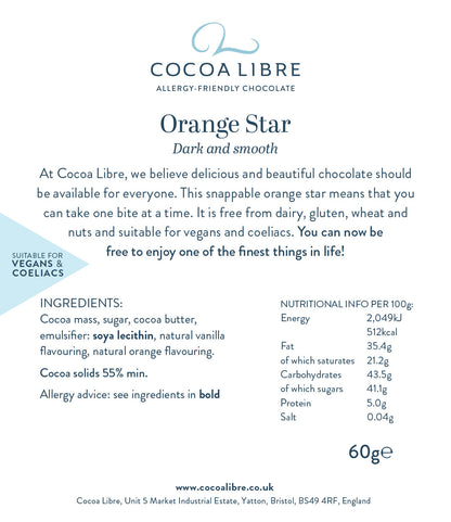 Orange Star Dark & Smooth | Dairy Free | Gluten Free | Nut Free | Suitable for Coeliacs & Vegans