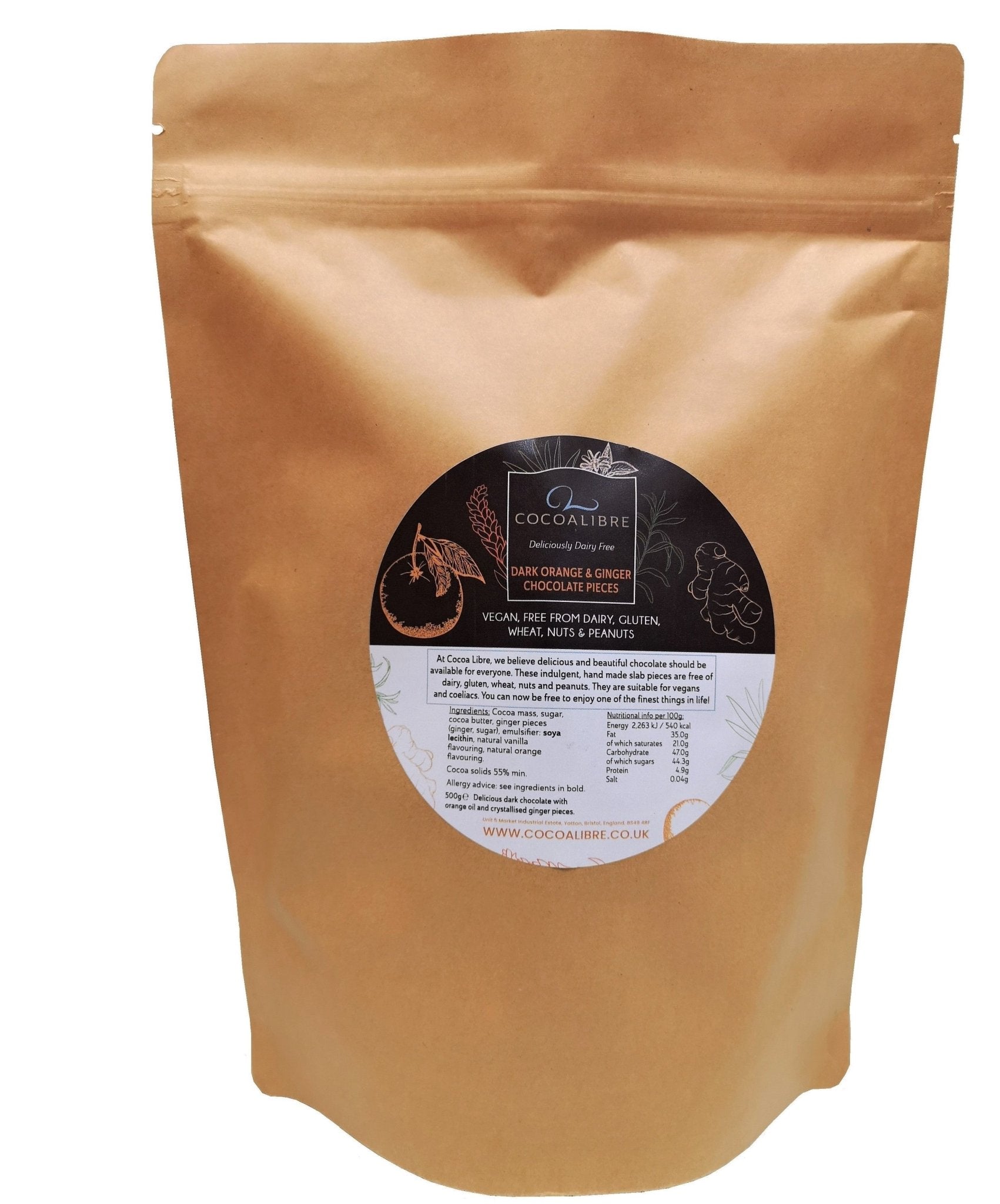 Orange and Ginger Dark Chocolate Broken Pieces bag | 500g Dairy Free Vegan - Cocoa Libre
